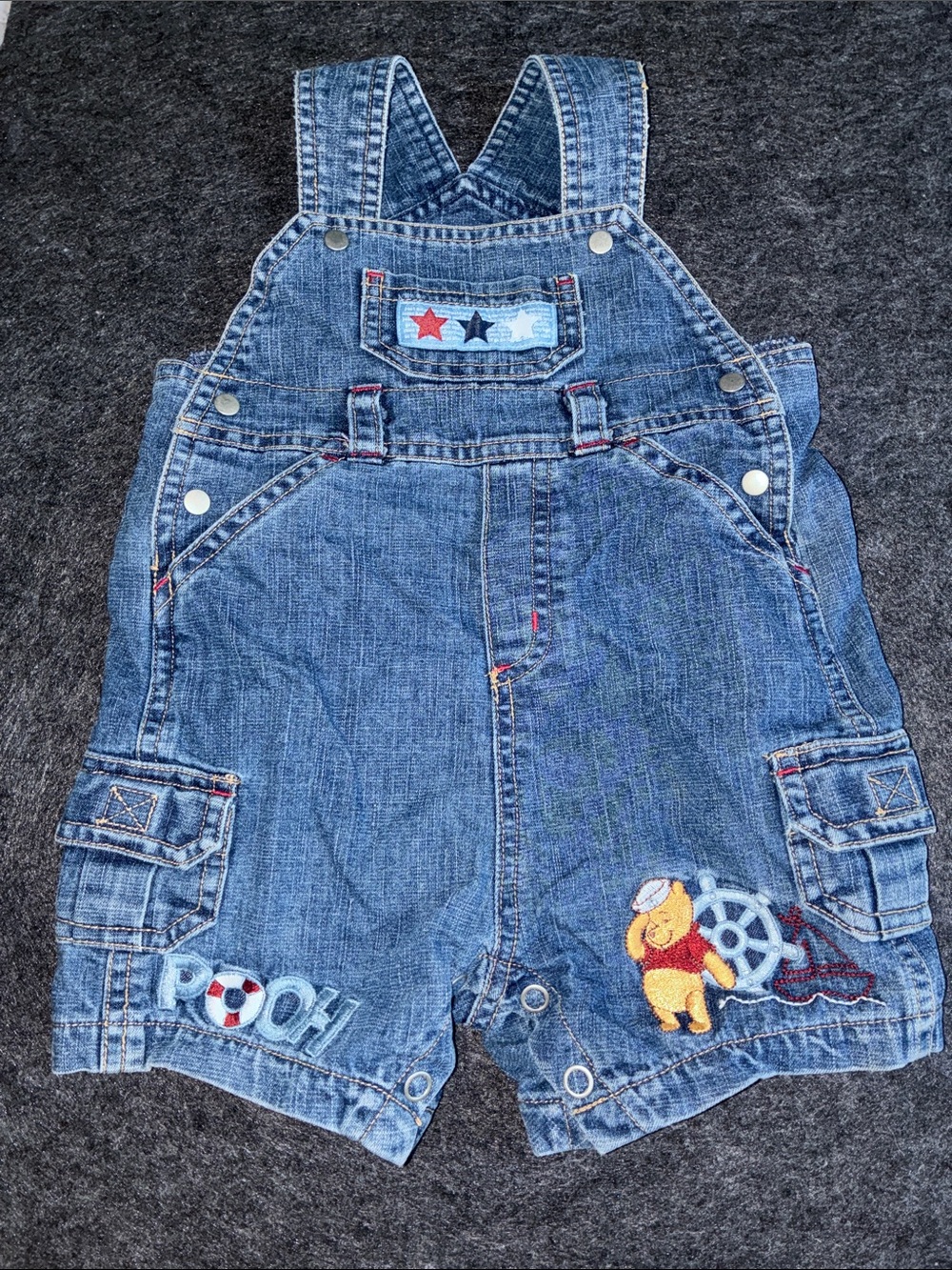 Vintage Disney Pooh Bear Sailor Denim Overall Outfit Baby Infant Embroidered